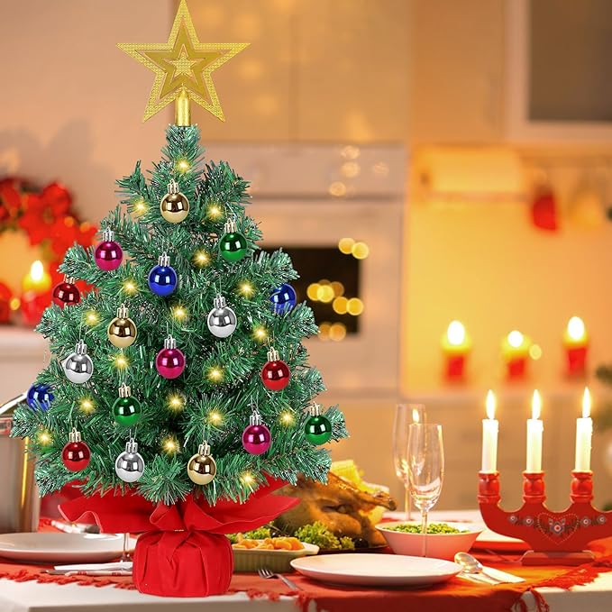 [ 8 Modes & Timer ] 24 Inch Tabletop Artificial Christmas Tree with 50 LED Lights, Star Treetop & 30 Christmas Ornament Battery Operated Small Christmas Tree Home Table Christmas Decorations