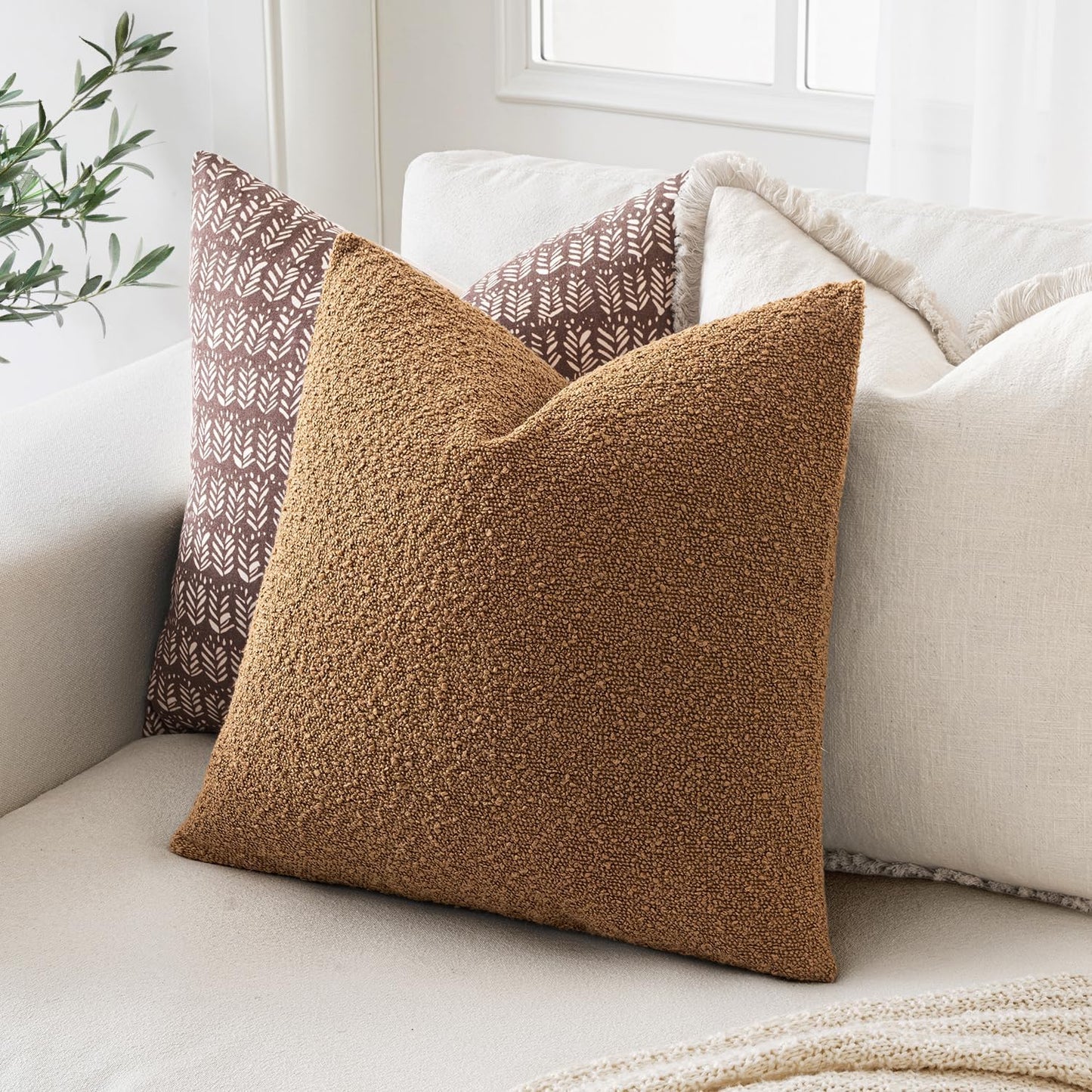 MIULEE 18x18 Inch Decorative Pillow Covers for Couch Bed Set of 2 Textured Boucle Neutral Winter Throw Pillows Brown Accent Solid Cushion Vintage Pillowcases Sofa Livingroom Home Decor