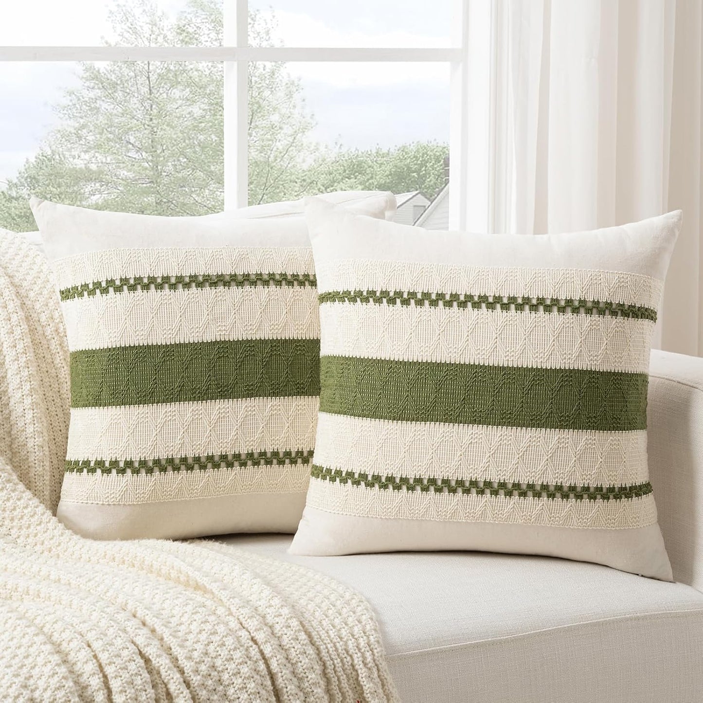 Fancy Homi Set of 1 Boho Moss Green Decorative Throw Pillow Cover 18x18 Inch for Couch Bed Sofa, Aesthetic Modern Organic Farmhouse Home Decor, Soft Cotton Cute Accent Macrame Woven Cushion Case