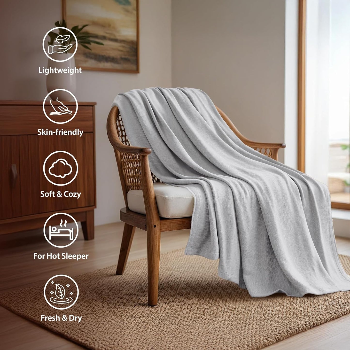King Size Blanket, 70% Rayon (Derived from Bamboo) and 30% Cotton, Lightweight Jacquard Weave, Breathable and Soft Summer Blanket for Bed or Couch, 108” x 90”, Grey