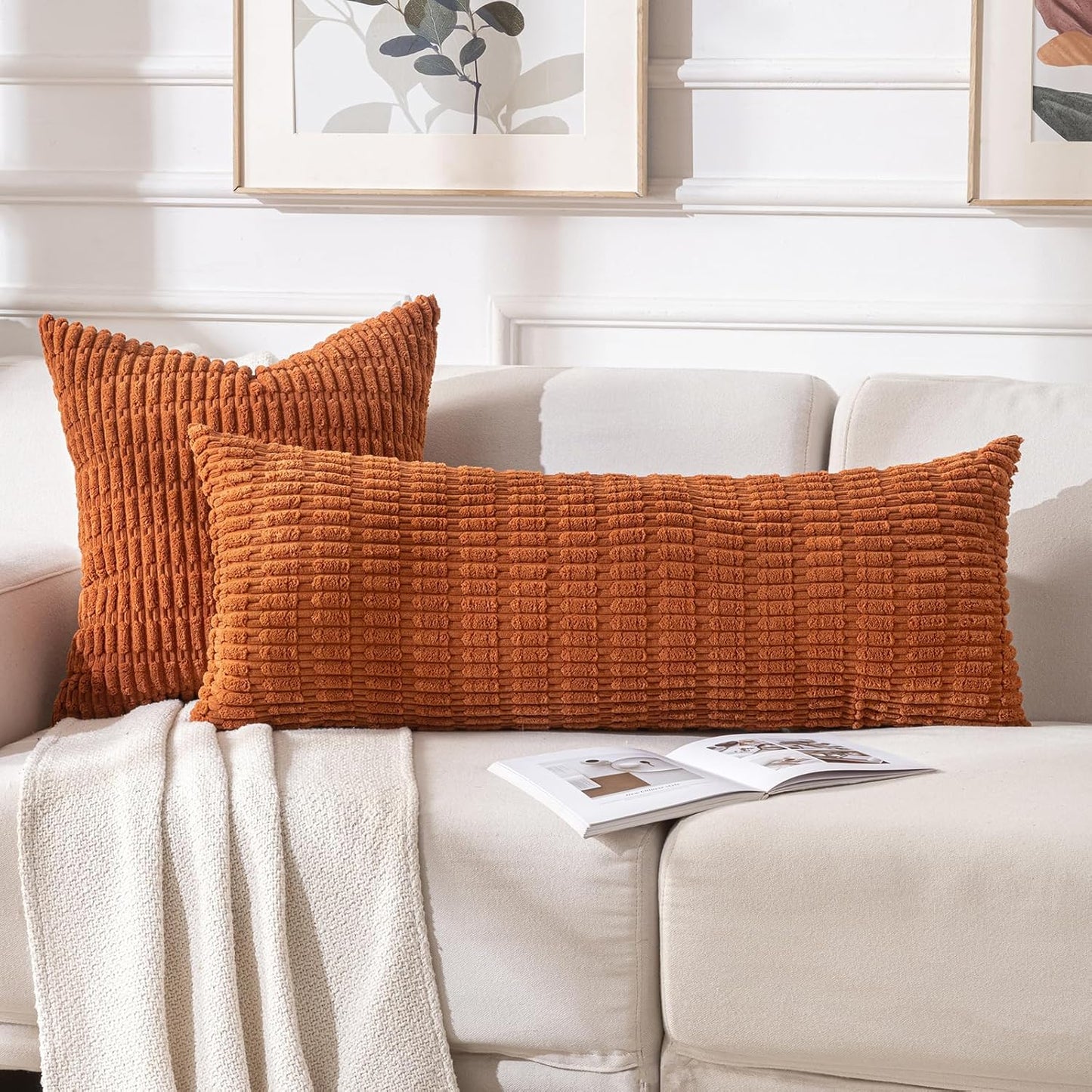 Fancy Homi Rust Long Long Body Lumbar Decorative Throw Pillow Covers 14x36 Inch for Bed Couch Bedroom Bench, Soft Corduroy Rectangle Solid Pillow Case, Terracotta Rustic Farmhouse Boho Room Decor