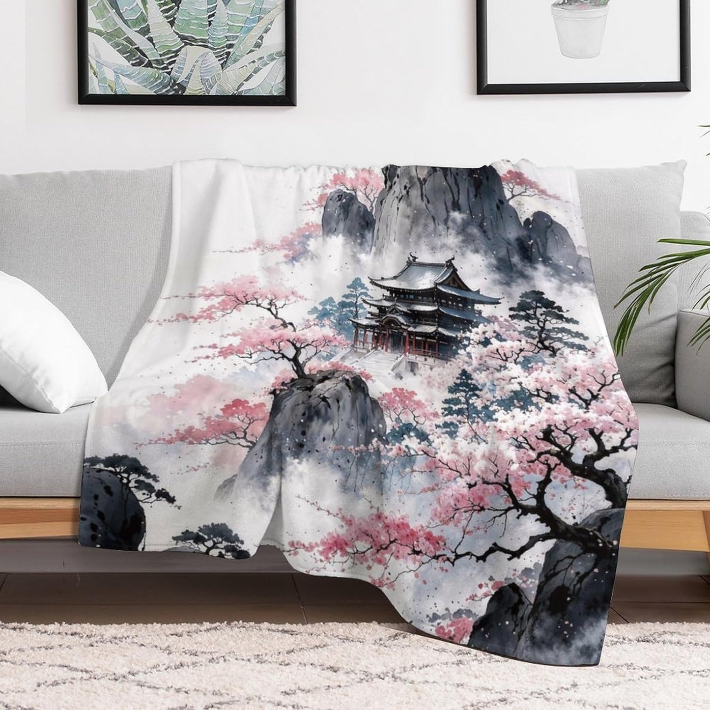 Japanese Cherry Blossom Ink Painting Throw Blanket, Fuzzy Blanket, Ultra Soft Cozy Flannel Throw Blankets Lightweight Fleece Blankets for Bed Couch Sofa 60"×80"
