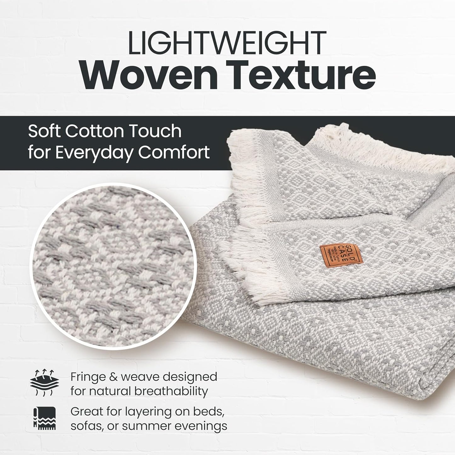 Gold Case Throw Blanket for Couch - 100% Recycled Turkish Cotton Blankets & Throws - Retro Soft Throw Blankets for Living Room - Boho Decorative Woven Couch Blanket - 50x60 - Grey