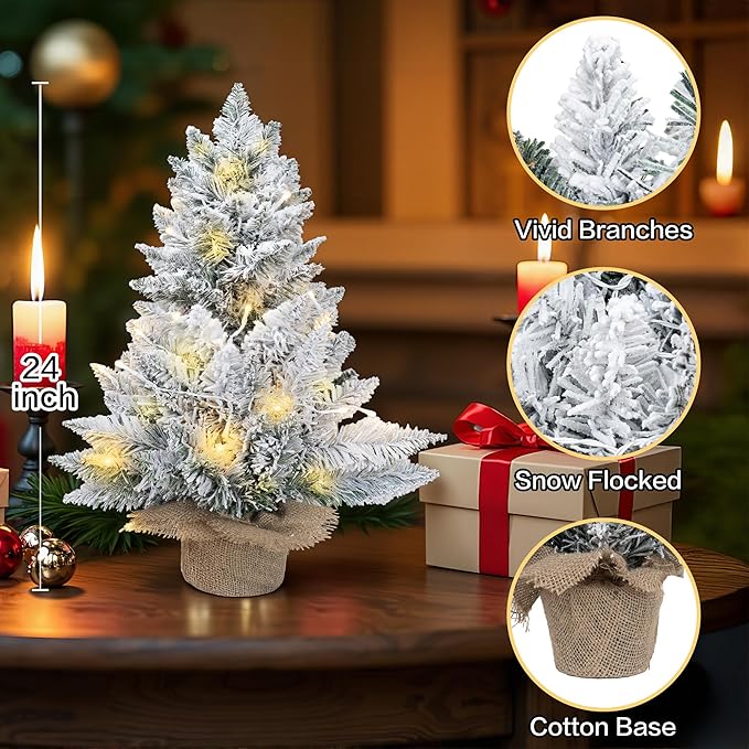2ft Pre-Lit Artificial Mini Christmas Tree,24 Inch Snowy Flocked Small Tabletop Christmas Tree with LED Light,White Xmas Pine Tree for Home Desk Indoor Decor, Perfect with Burlap Base