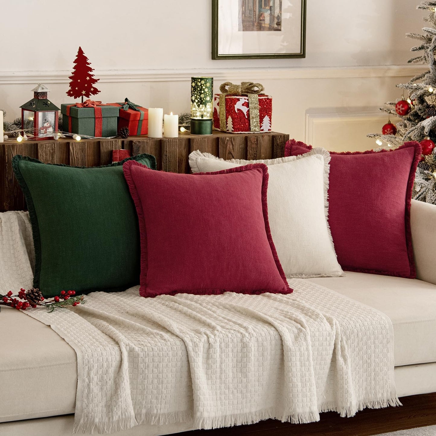 MIULEE Linen Pillow Covers 18x18 Inch Dark Green Decorative Throw Pillows with Fringe Pack of 4 Soft Farmhouse Boho Couch Pillows Home Decors for Sofa Cushion Living Room Bed