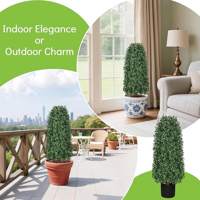 3 FT Artificial Boxwood Trees Outdoors, 36 inch Faux Boxwood Topiary, Set of 2 UV Resistant Bushes & Fake Evergreen Shrubs for Patio Yard Porch Fence Outside Decor