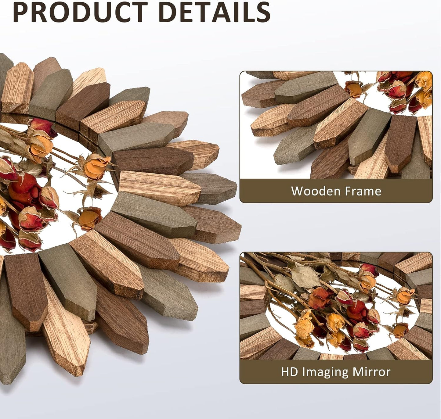 Honiway Boho Wall Decor Mirror 2 Pack 12 inch Rustic Wood Decorative Mirror for Room Decor Rustic Farmhouse Wall Decor for Bedroom Bathroom Living Room Entryway Tril Color