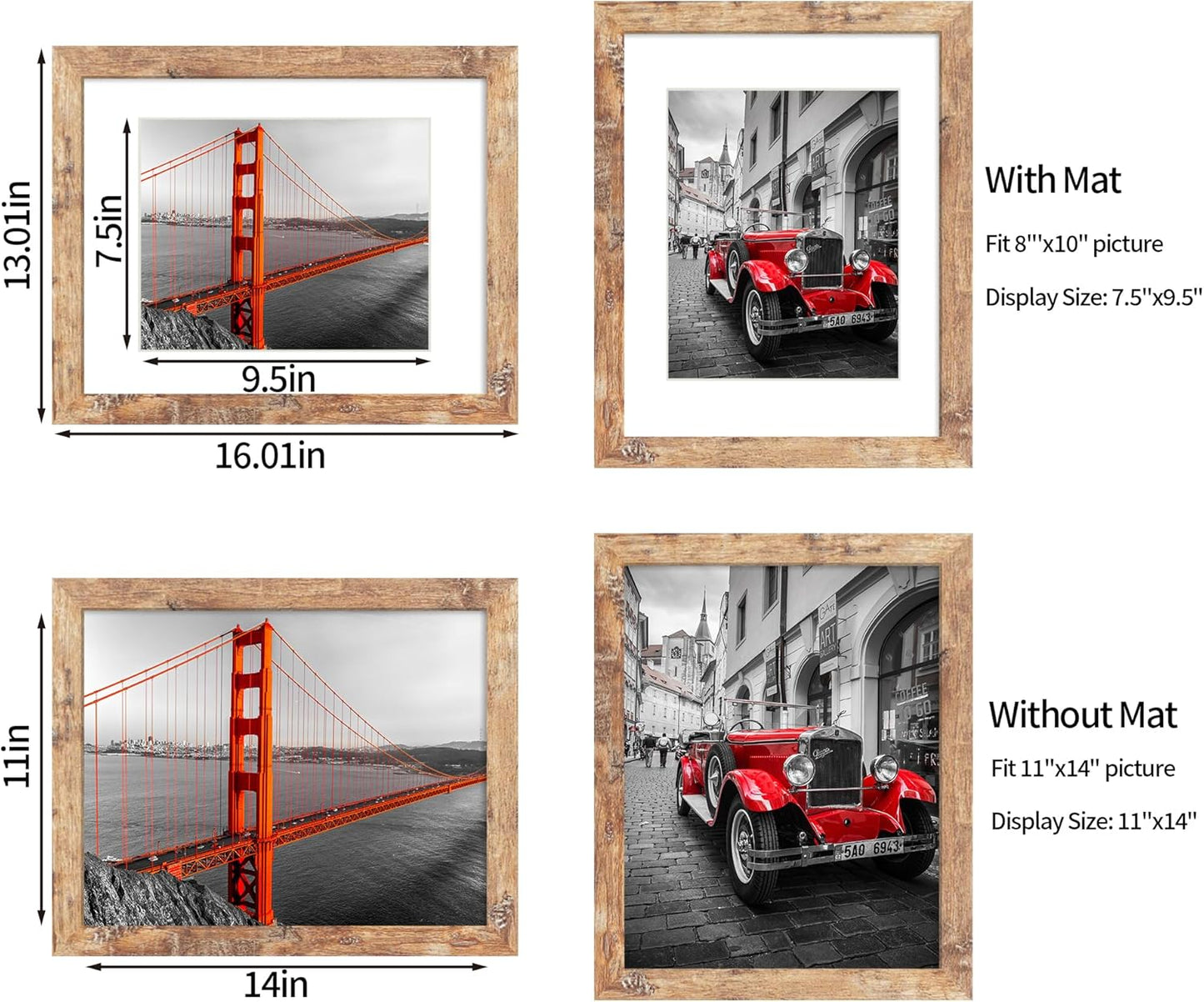 iRahmen 11x14 Picture Frame Set of 4, High Definition Tempered Glass 11 x 14 Frames Display 8x10 Pictures with Mat, Mixed Color Wood Photo Frame Wall Mounting