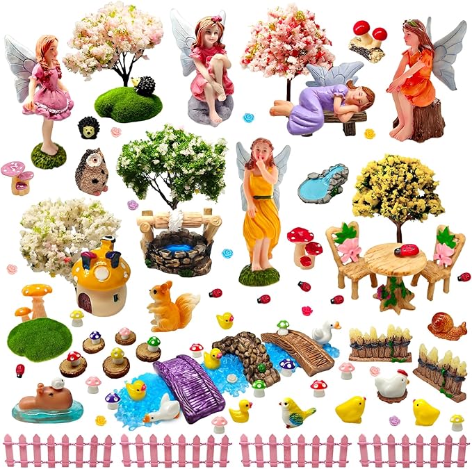 114 Pcs Miniature Fairy Garden Accessories Kit Resin Elves Animal Figurines Decor Micro Landscape Ornaments for DIY Micro Dollhouse