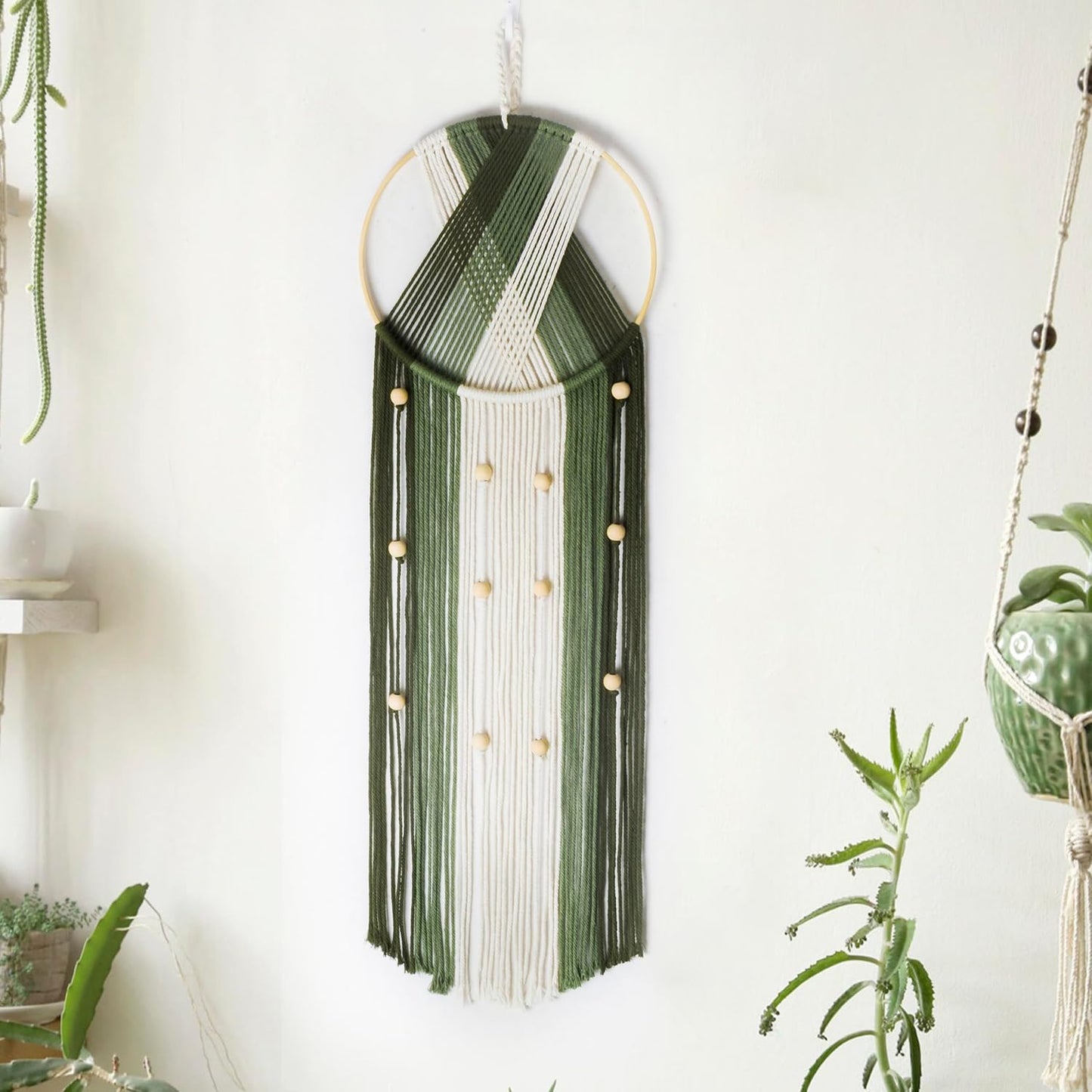 LB Boho Macrame Wall Hanging - Green and Beige Handmade Cotton Woven Decor, Modern Geometric Bohemian Tapestry Wall Decor for Bedroom Living Room Home (31.5"x9.84") Nature-Inspired Room Decor