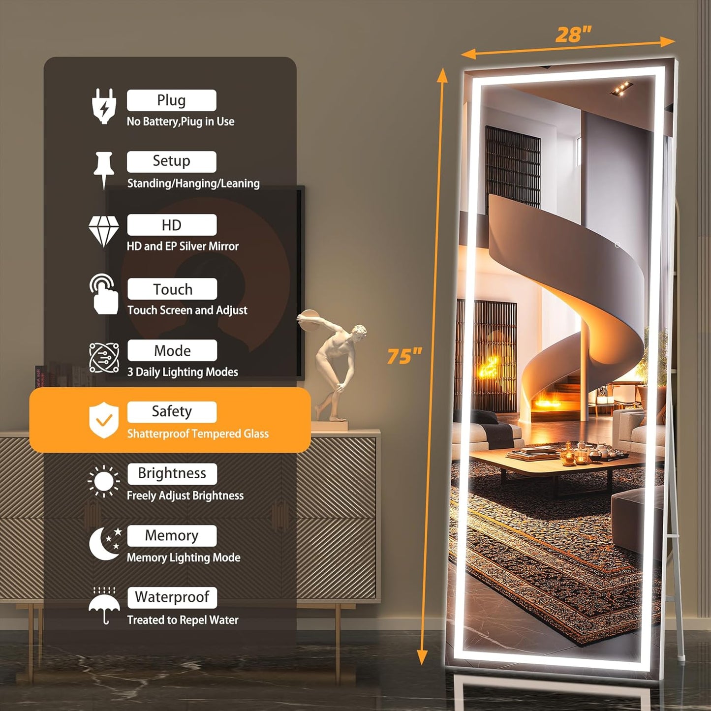 Hasipu Full Length Mirror with Lights, 75" x 28" LED Lighted Floor Standing, Full Body Dressing Hanging Mounted Mirror, Dimmable, Tempered Glass, Safe to Use, Square White