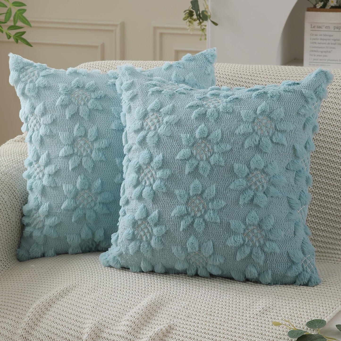 DFXSZ Spring Summer Pillow Covers 20x20 inch Set of 2 Farmhouse Decor White Flower Heart Sunflower Blue Soft Plush Faux Fur Jacquard Throw Pillows for Sofa Holiday Spring Home Decor PTK024G20