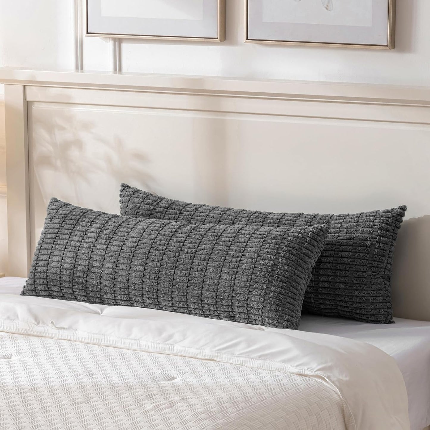 Fancy Homi Dark Grey Long Body Lumbar Decorative Throw Pillow Covers 20x54 Inch for Bed Couch Bedroom Bench, Soft Corduroy Rectangle Solid Pillow Case, Rustic Farmhouse Boho Room Decor