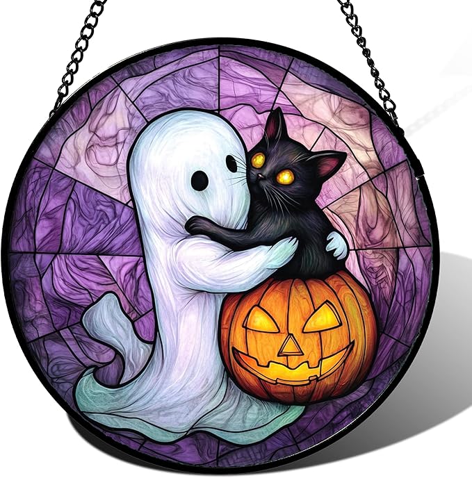 Stained Glass Window Hanging - Halloween Decorations Ghost Black Cat Pumpkin Suncatcher for Door Garden Spooky Purple Sun Catchers Gothic Decor Horror Gifts for Women Men Friend Boy 9.8 in