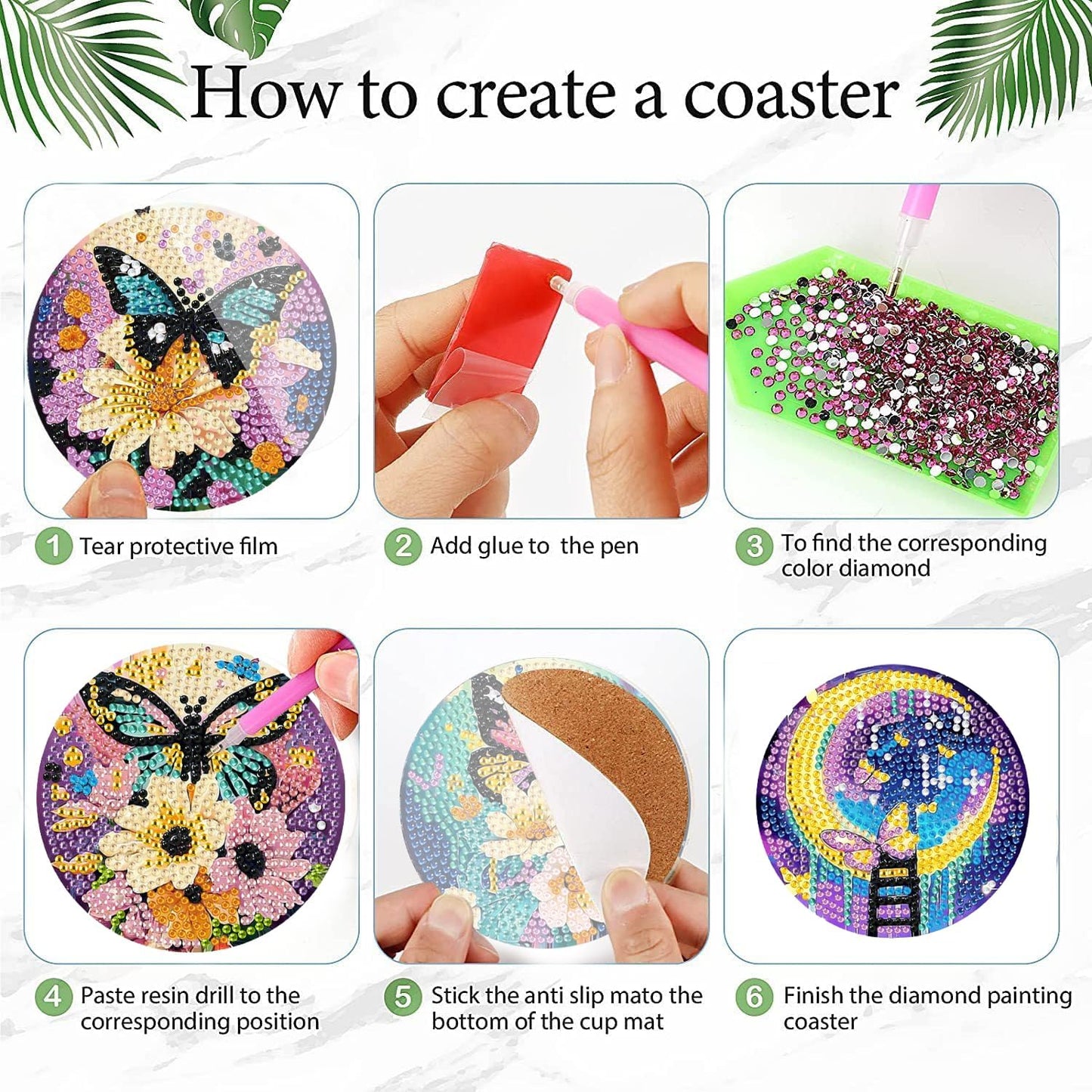 DOTSOPS 6 Pcs Diamond Art Kits for Adults - Diamond Art Coasters with Holder for Adults Beginners Diamond Craft for Christmas Birthday(Butterfly Moon)