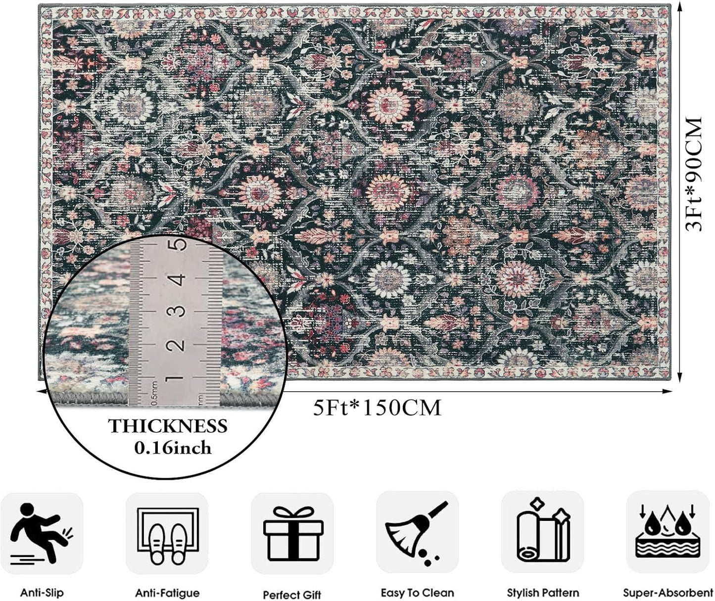 Lahome Moroccan Trellis Washable Small Area Rug, 3x5 Black Rug for Bedroom Living Room, Non-Slip Oriental Accent Throw Carpet for Kitchen Office Entryway Bathroom Office, Black/Multi