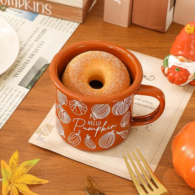Whaline 2Pcs Fall Mini Coffee Mugs 12oz Hello Pumpkin Enamel Cup with Handle Orange Autumn Pumpkin Drinking Mug for Birthday Party Favor Supplies