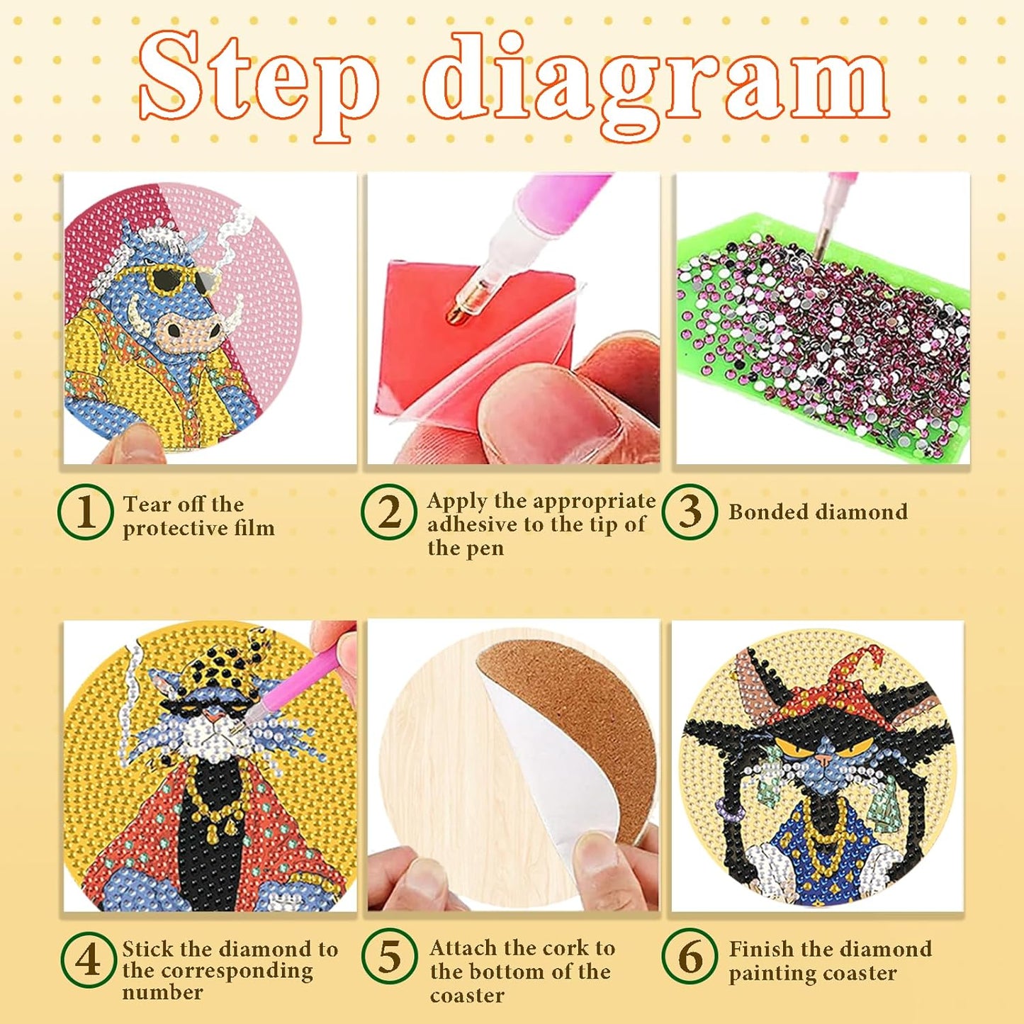 DOTSOPS Cat Diamond Painting Coaster with Holder 5D Diamond Art Kits for Adults 6Pack Round Full Drill Beginners Gem Dots Craft Arts Supplies Party Home Decor 6Pack Animal Style