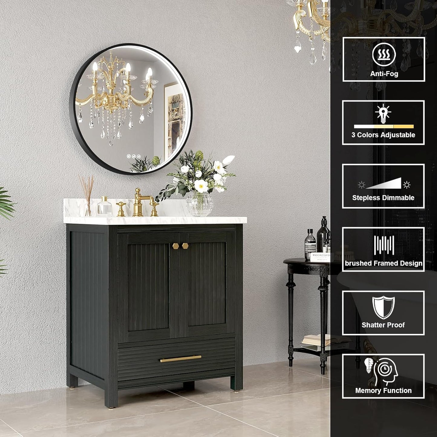 LED Bathroom Mirror with Black Framed 24 Inch, LED Mirror for Bathroom with Anti-Fog, Stepless Dimmable, Front Lit, Memory Function, Shatter-Proof