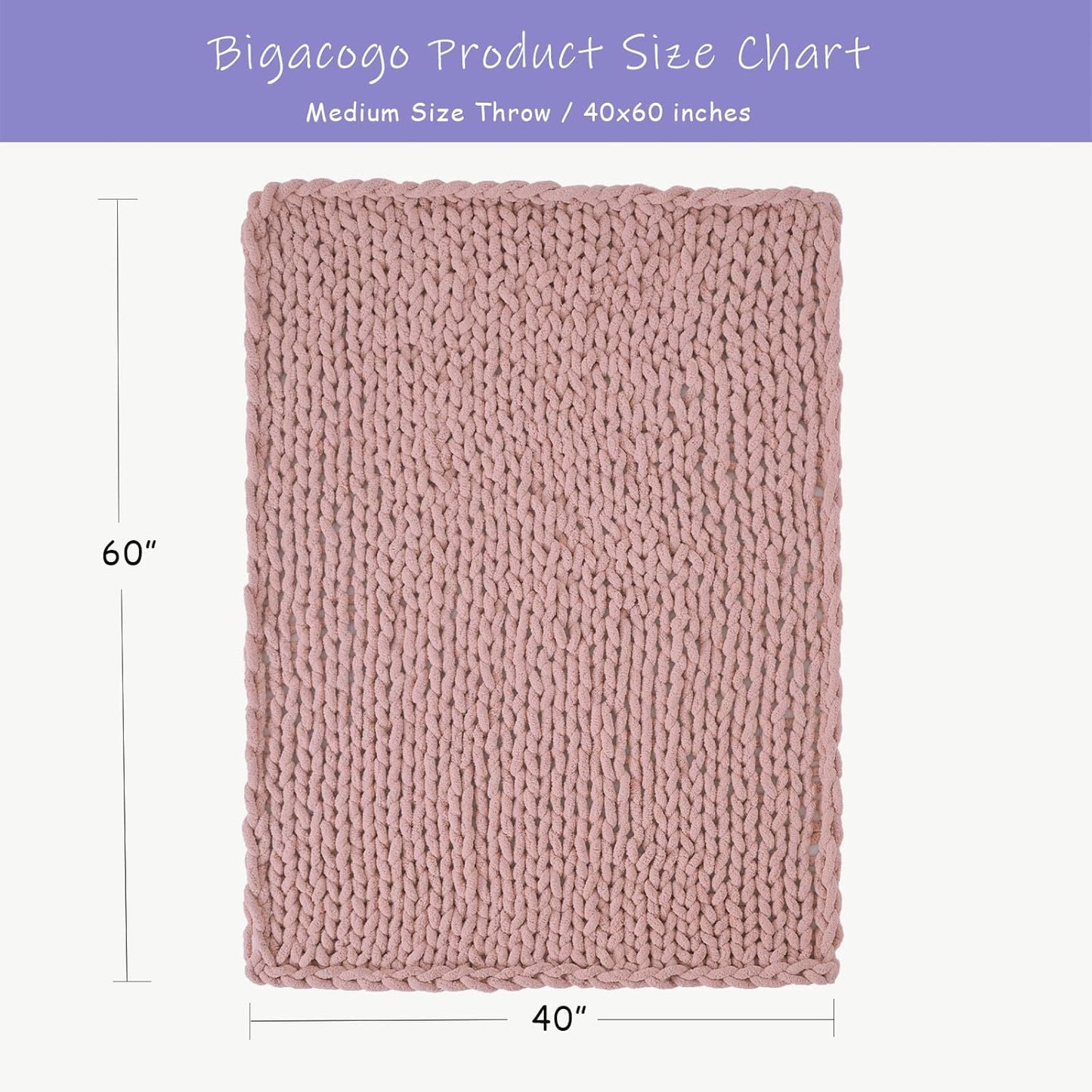 Bigacogo Chunky Knit Throw Blanket for Couch, 40x60 inches, 100% Hand Knitted with Thick Jumbo Chenille Yarn, Cozy Soft Large Rope Knot Cable Crochet Blankets for Sofa Bed Living Room, Dusty Pink