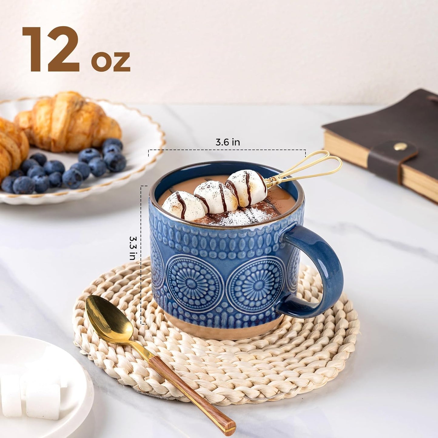 GBHOME 12OZ Stackable Coffee Mugs, Ceramic Coffee Mugs with Texture Patterns for Man,Woman,Dad,Mom, Modern Coffee Mugs Set of 4 for Latte/Cappuccino/Cocoa. Dishwasher&Microwave Safe