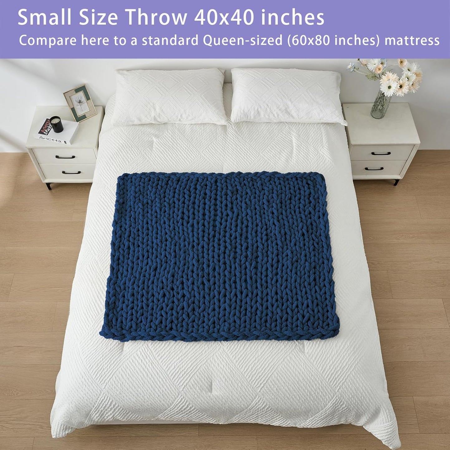 Bigacogo Chunky Knit Throw Blanket for Couch, 40x40 inches, 100% Hand Knitted with Thick Jumbo Chenille Yarn, Cozy Soft Large Rope Knot Cable Crochet Blankets for Sofa Bed Living Room, Navy Blue