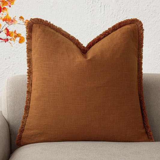 Foindtower Decorative Linen Fringe Throw Pillow Covers Cozy Boho Farmhouse Cushion Cover with Tassels Soft Accent Pillowcase for Chair Sofa Bed Living Room Home Decor, 16×16 Inch,1PC,Orange