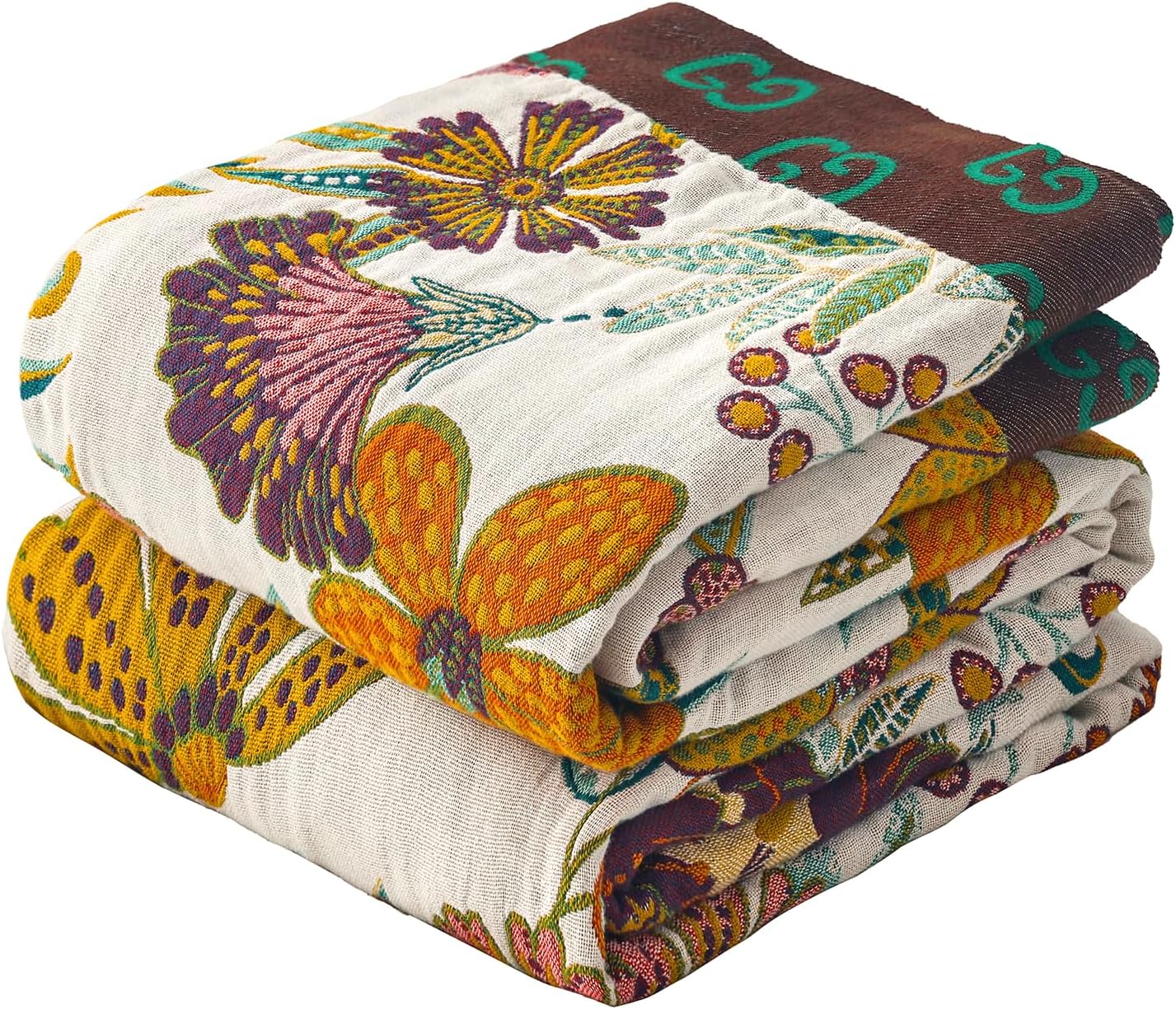 King Boho Throw Blanket for Bed, 100% Cotton Muslin Soft Throw-Floral Farmhouse Rustic Decor Blanket for Couch Sofa Quilt and Gift, 91" x 98"-BeigeWhite