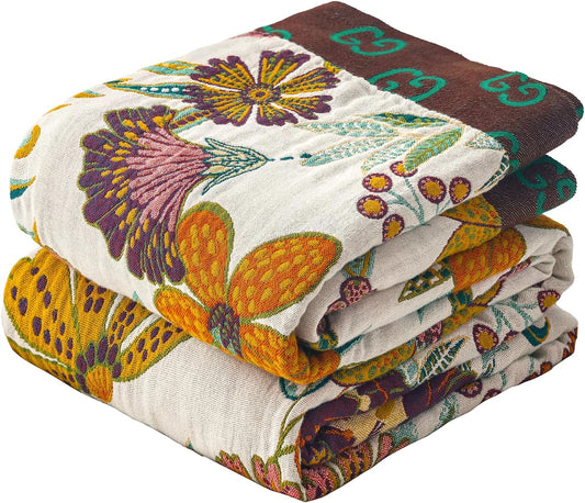 King Boho Throw Blanket for Bed, 100% Cotton Muslin Soft Throw-Floral Farmhouse Rustic Decor Blanket for Couch Sofa Quilt and Gift, 91" x 98"-BeigeWhite