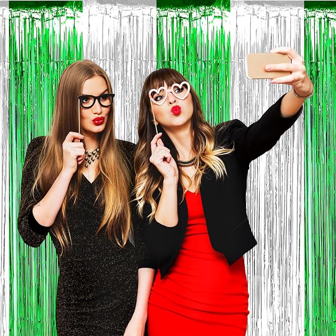 4 Pack Silver Green Foil Fringe Curtain Backdrop, 3.28Ft x 9.8Ft Metallic Tinsel Foil Fringe Streamers Curtains for Photo Booth, Wedding, Mardi Gras, Birthday Carnival St Patrick Day Party Decoration