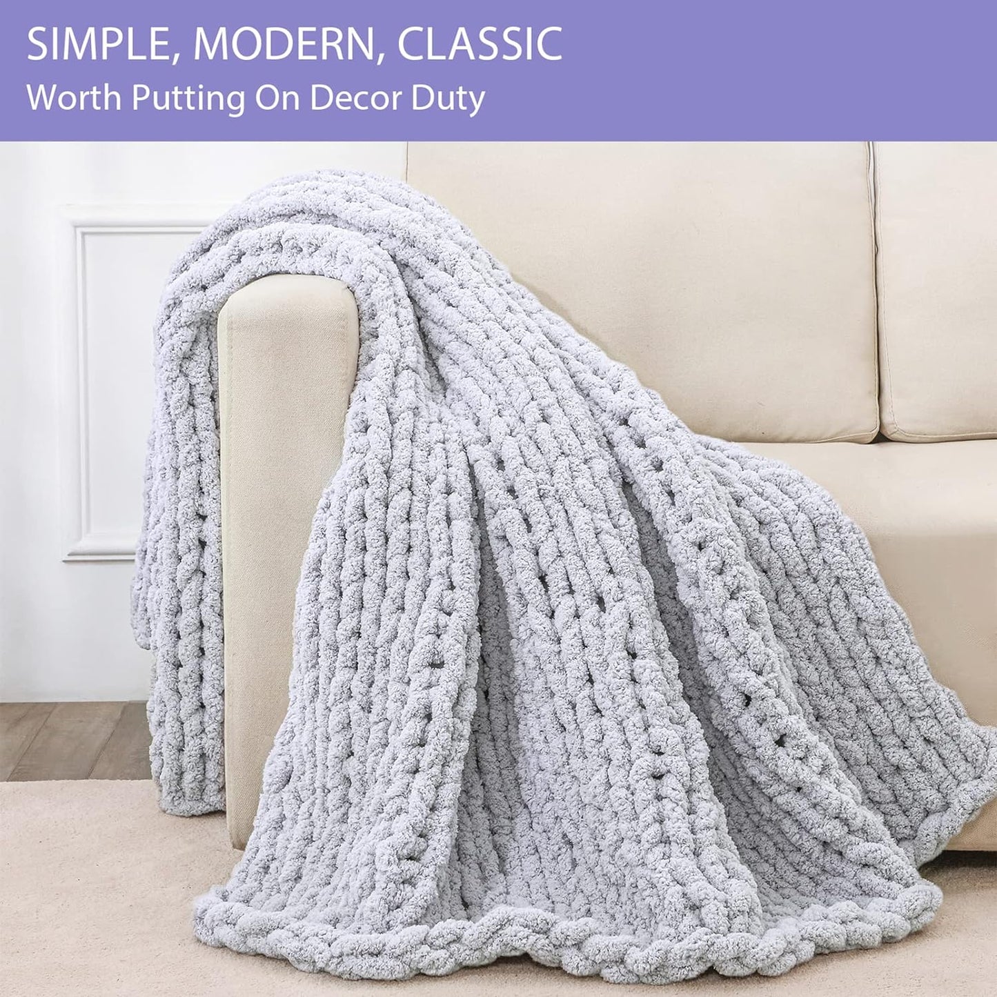 Bigacogo Chunky Knit Throw Blanket for Couch, 40x60 inches, 100% Hand Knitted with Thick Jumbo Chenille Yarn, Cozy Soft Large Rope Knot Cable Crochet Blankets for Sofa Bed Living Room, Light Grey