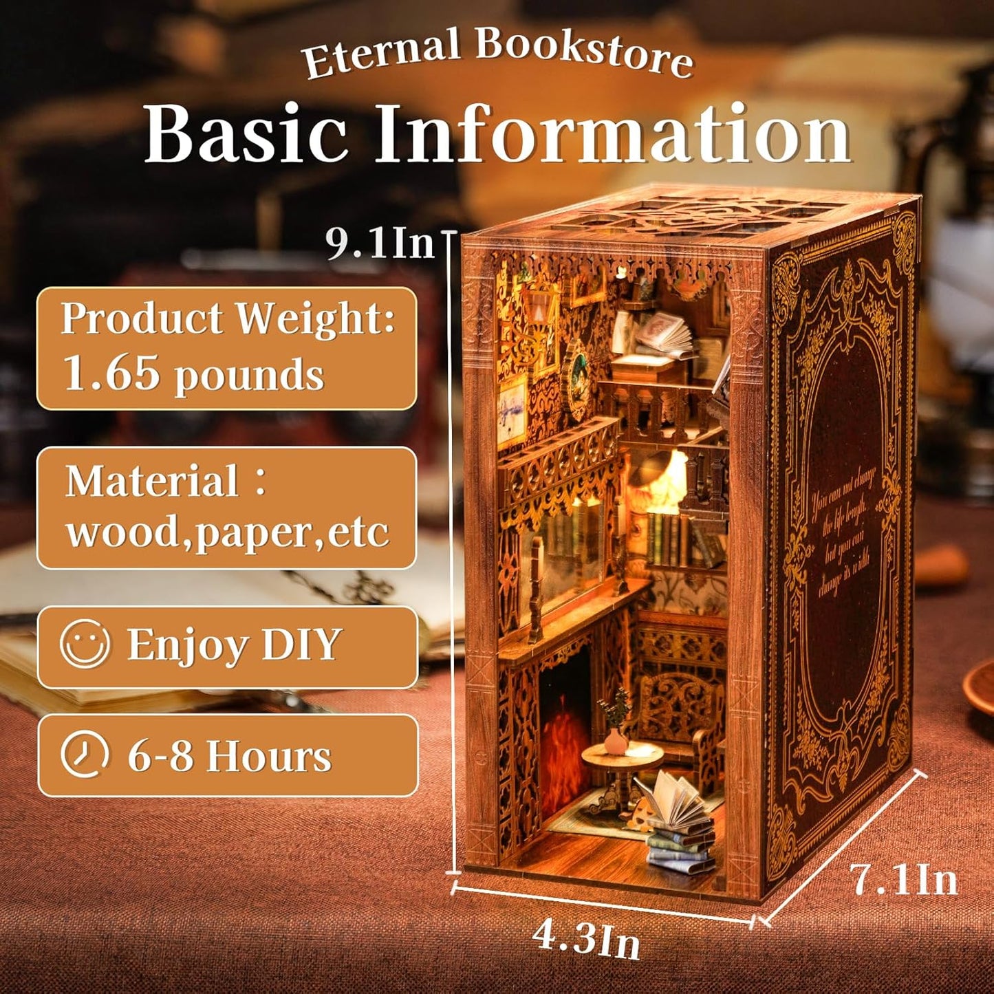 Cutefun Book Nook Library Kit, DIY Miniature Dollhouse Booknook Kits for Adults Teens, 3D Wooden Puzzle Bookend Bookshelf with LED Light & Dust Cover (Eternal Bookstore)