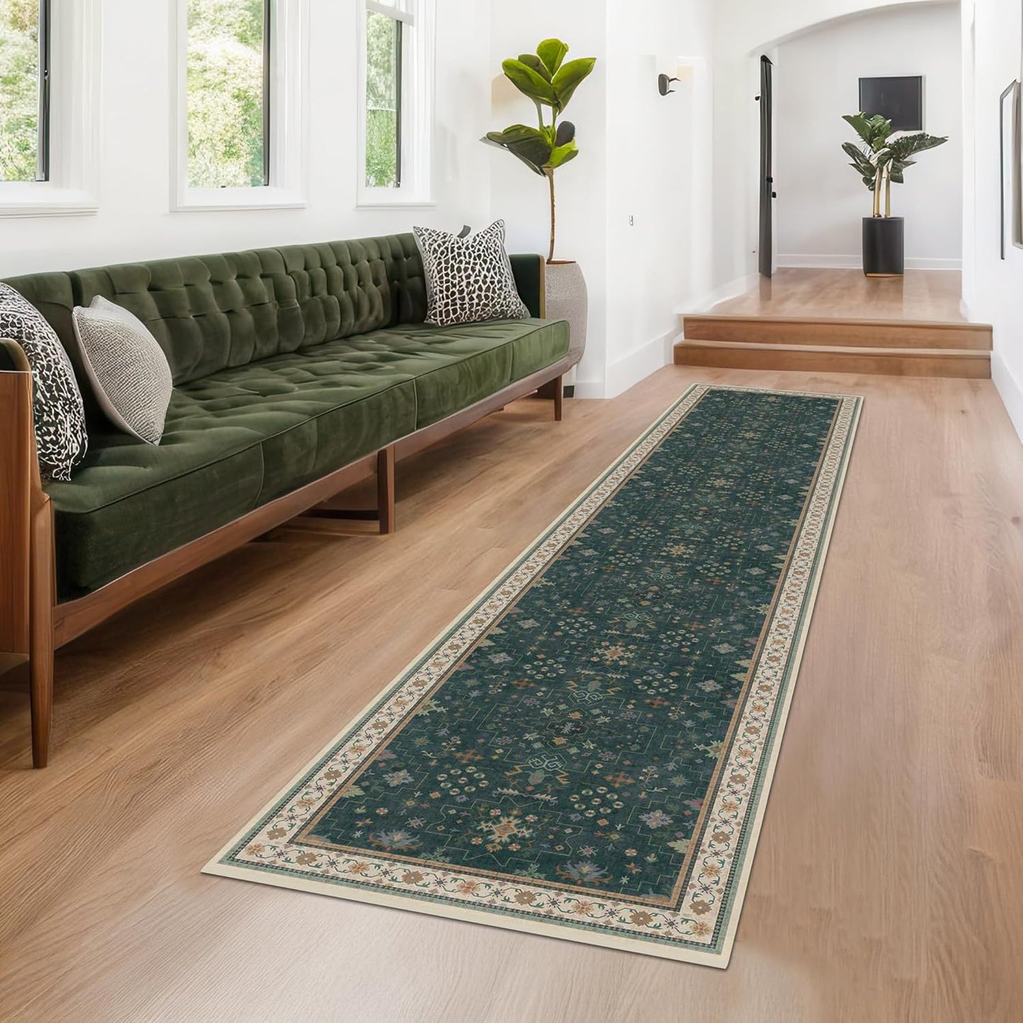 Dark Green Kitchen Rug 10 ft Long - Modern Vintage Boho Unique Floral with Gold Accent, Washable Low Pile Non-Slip Extra Long Wide Runner Rugs for Hallway, 3x10