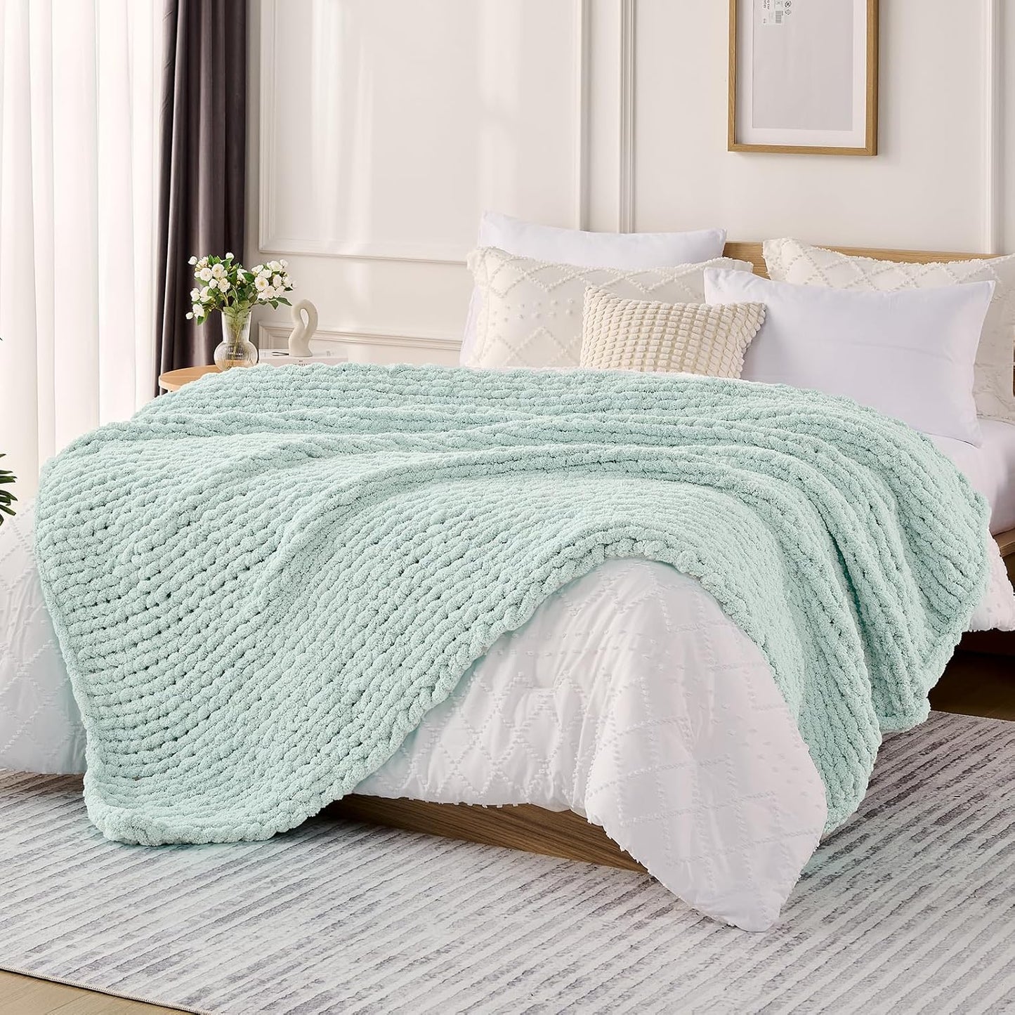 L'AGRATY Chunky Knit Blanket Throw: 50''x60'' Chenille Chunky Knitted Throw Blanket for Bed Couch - Handmade Thick Big Cable Knit Blanket - Large Crochet Rope Blanket for Home Decor(Mint Green)