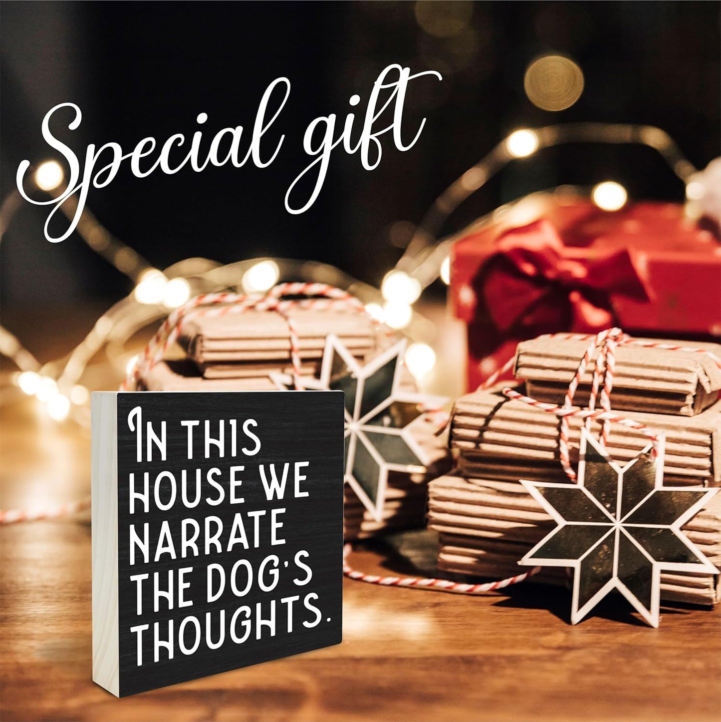Dog Theme Wooden Block Sign - In This House We Narrate The Dog's Thoughts - 4"X4" Decorative Pine Wood Plaque, Home & Office Desk Decor, Dog Lover Gift, Room Tabletop, Shelf Accessories (Black) - A01