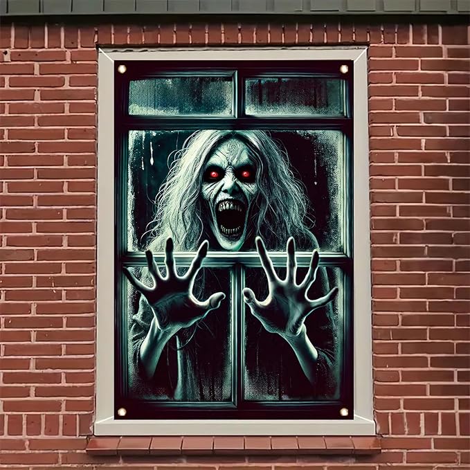 Window Cover Halloween 47x31 Inch Scary Red Eye Screaming Ghost Banner Creepy Horror Decoration for Haunted House Outdoor Indoor Poster Window Prop Decor