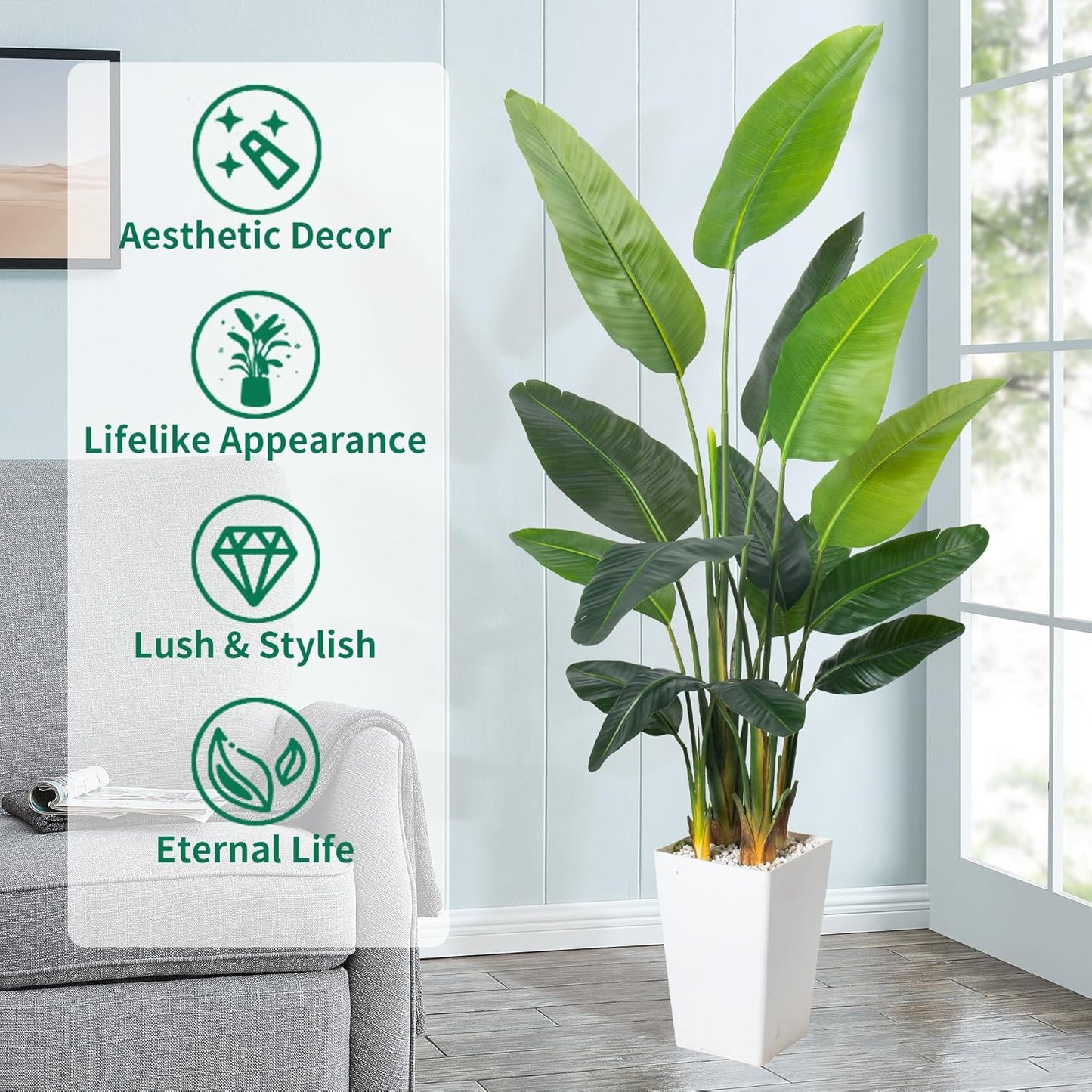 Bird of Paradise Artificial Plant 6.8FT, Faux Tropical Palm Tree with White Tall Planter, Large Fake Plants in Pot - Artificial Tree for Home Office Living Room Decor Indoor
