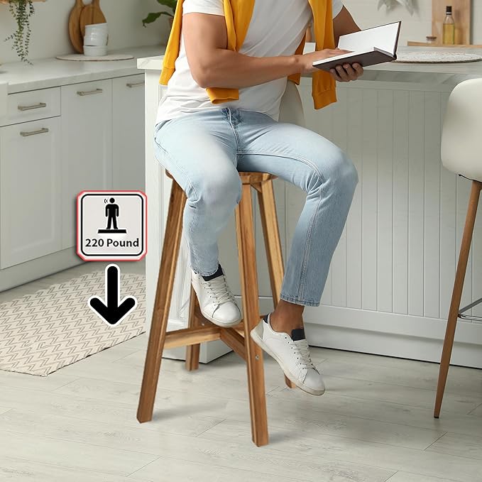 Round Stool Acacia Wood, 28" Height, 11" Round Top, Backless, Easy Assembly, Natural Wax Finish, Wooden Stool for Plant, Dining Room, Living Room, Garden, Makeup