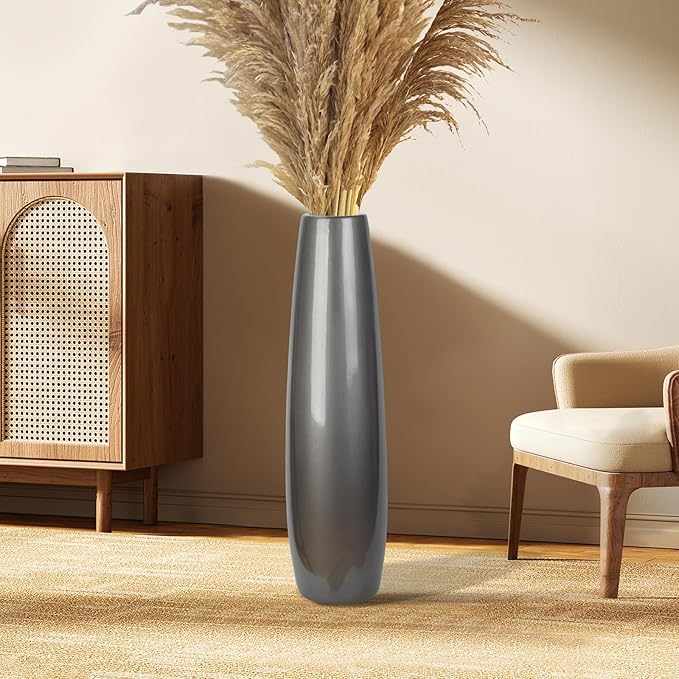 Silvery Ceramic Tall Floor Vase,24 Inch Large Modern Flower Vases for Home Décor,Wicker Big Floor Vase Decorations for Farmhouse, Living Room,Bedroom,Standing Plastic Vase Decorative Tall