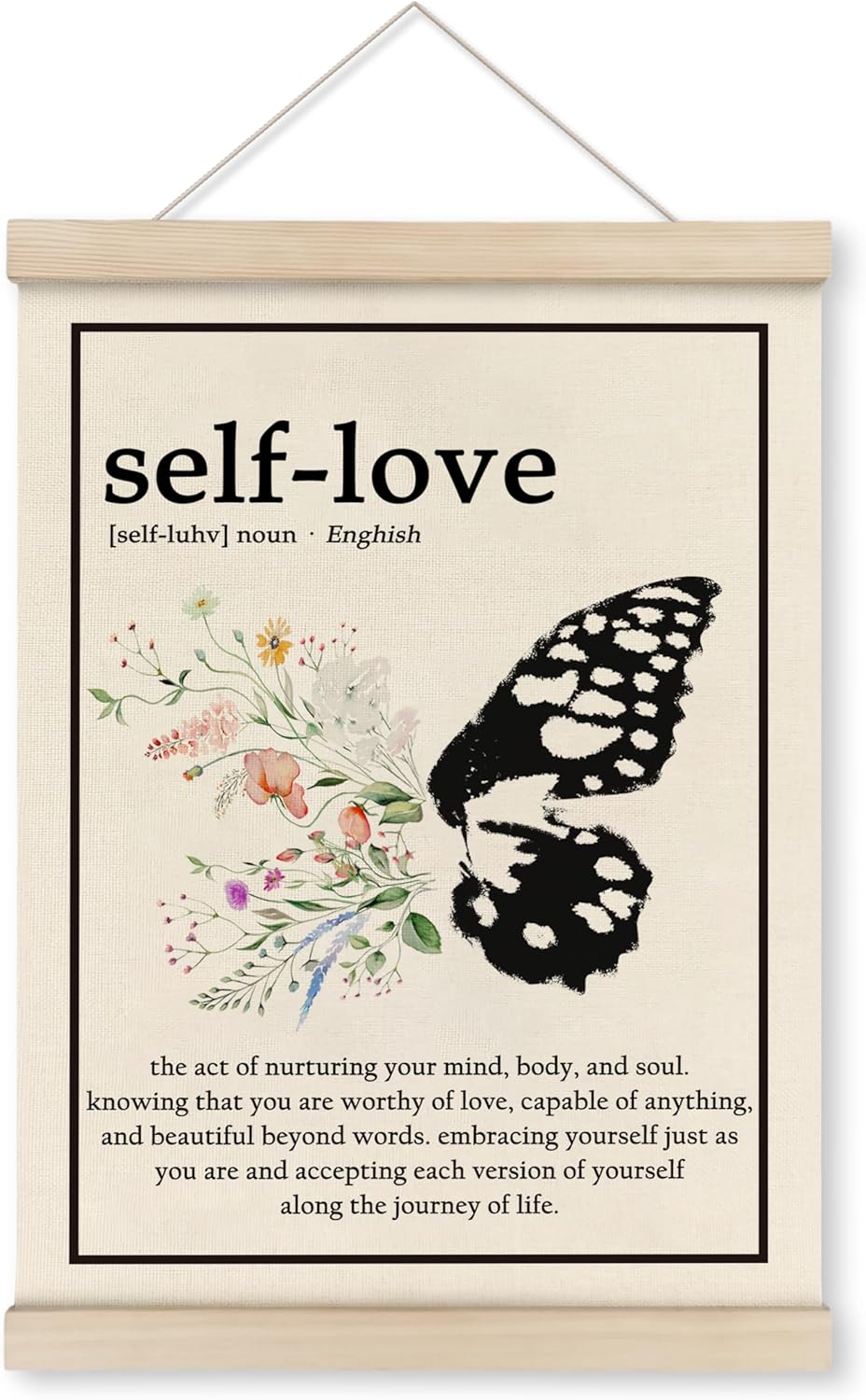 HRQKO Inspirational Self Love Definition Poster Hanger Frame, Mental Health Decor, Self Love Gifts Wall Art with Wooden Frames, Butterfly Floral Wall Hanging Banner for Women Girls Office, 12x16 Inch