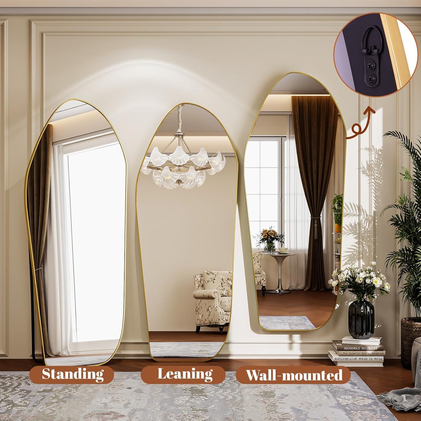 Full Length Floor Mirror - 76"x34" Aluminum Frame Irregular Diamond Shaped Standing Leaning Hanging for Bedroom Living Room Cloakroom Decor Large Mirror Gold