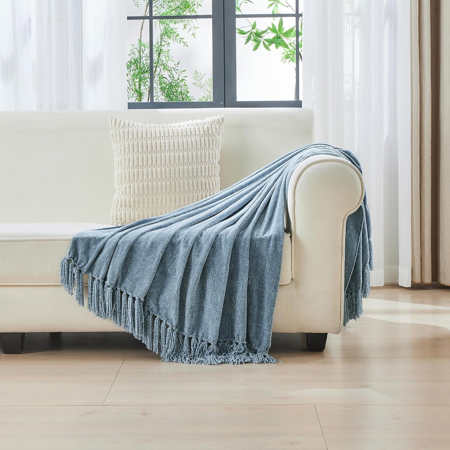 CozeCube Chenille Throw Blanket for Couch, Cozy Plush Fuzzy Decorative Dusty Blue Blanket with Fringe Tassels, Lightweight Throws for Bed Sofa Gift Home Decor, 60"X80"