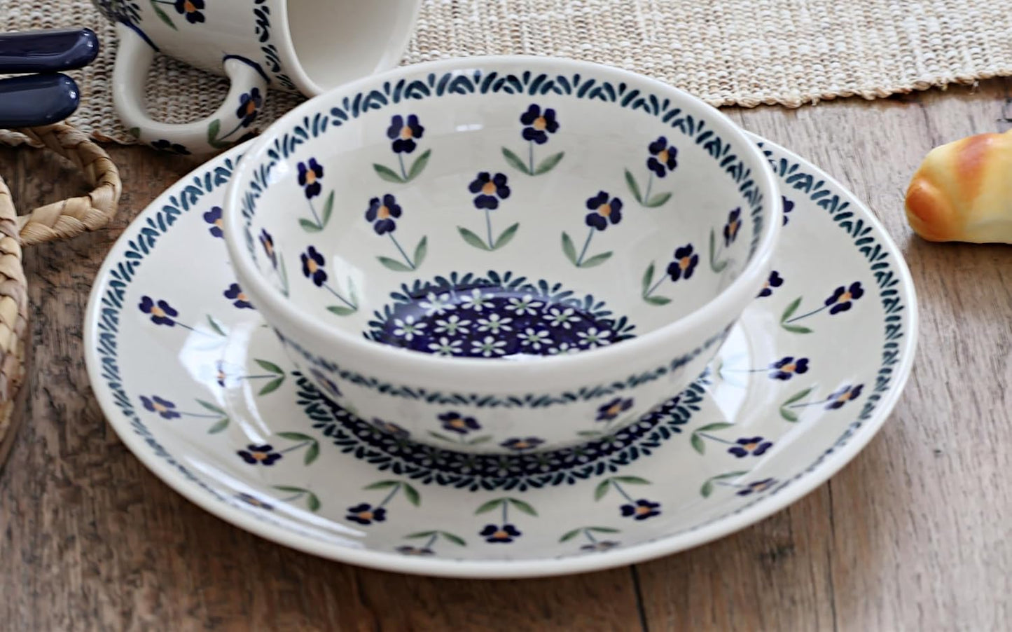 Blue Rose Polish Pottery - Blue Daisy Dessert Plate - 7" Diameter - Beautiful Plate for Cake, Appetizers, or Snacks