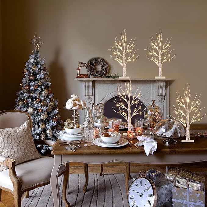 Vanthylit Christmas Tree Decorations, White Birch Tree with LED Lights- Set of 4, Warm White Small Tree Lights Battery Powered/USB, Timer Lighted Tree for Home Wedding Indoor Outdoor Decor (2 FT)