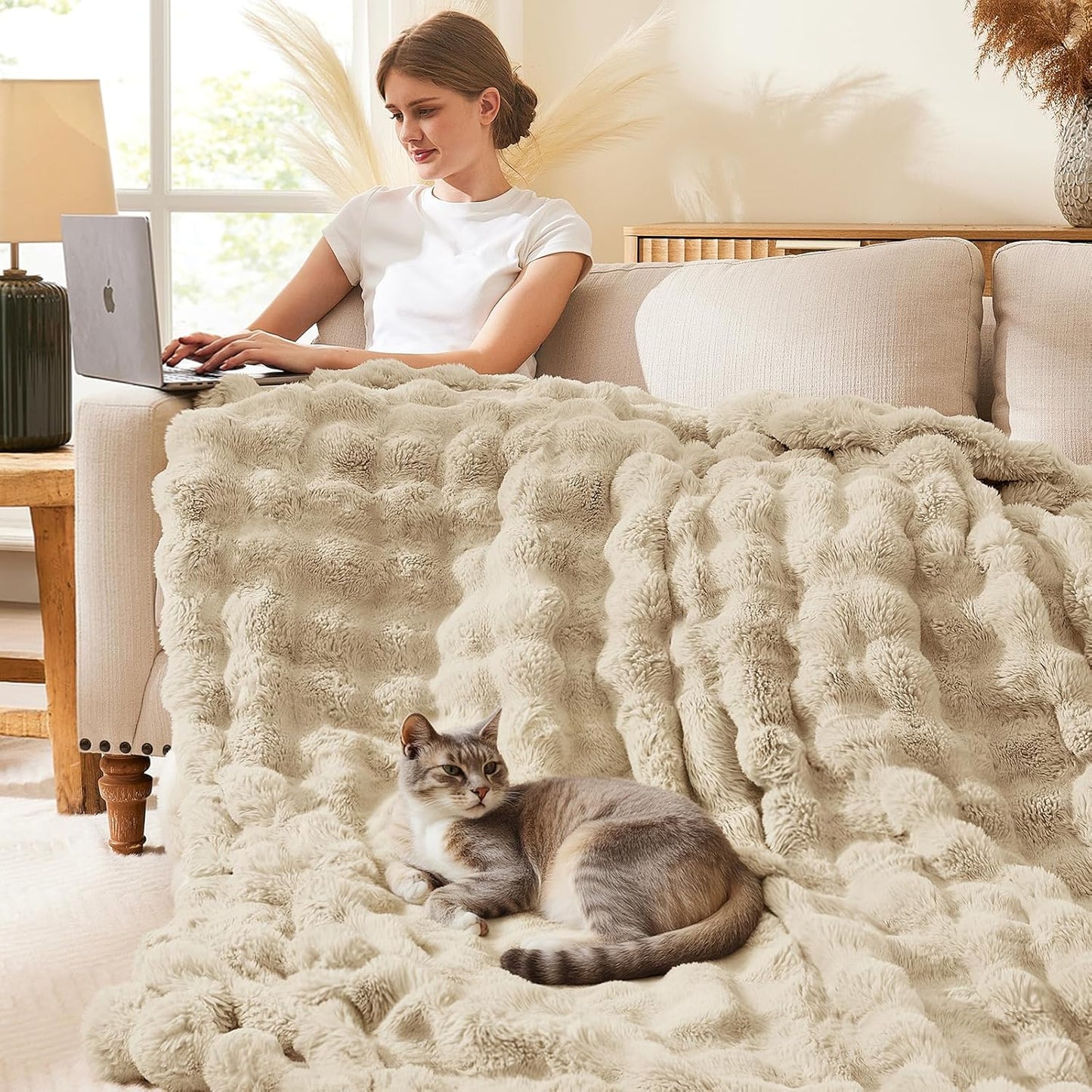 L'AGRATY Faux Rabbit Fur Blanket: 60" x 80" Twin Luxury Soft Fluffy Thick Fur Throw Blanket for Couch Bed Sofa - Cozy Plush Bubble Blankets for Winter: Flannel Fleece Decorative Blanket(Almond White)