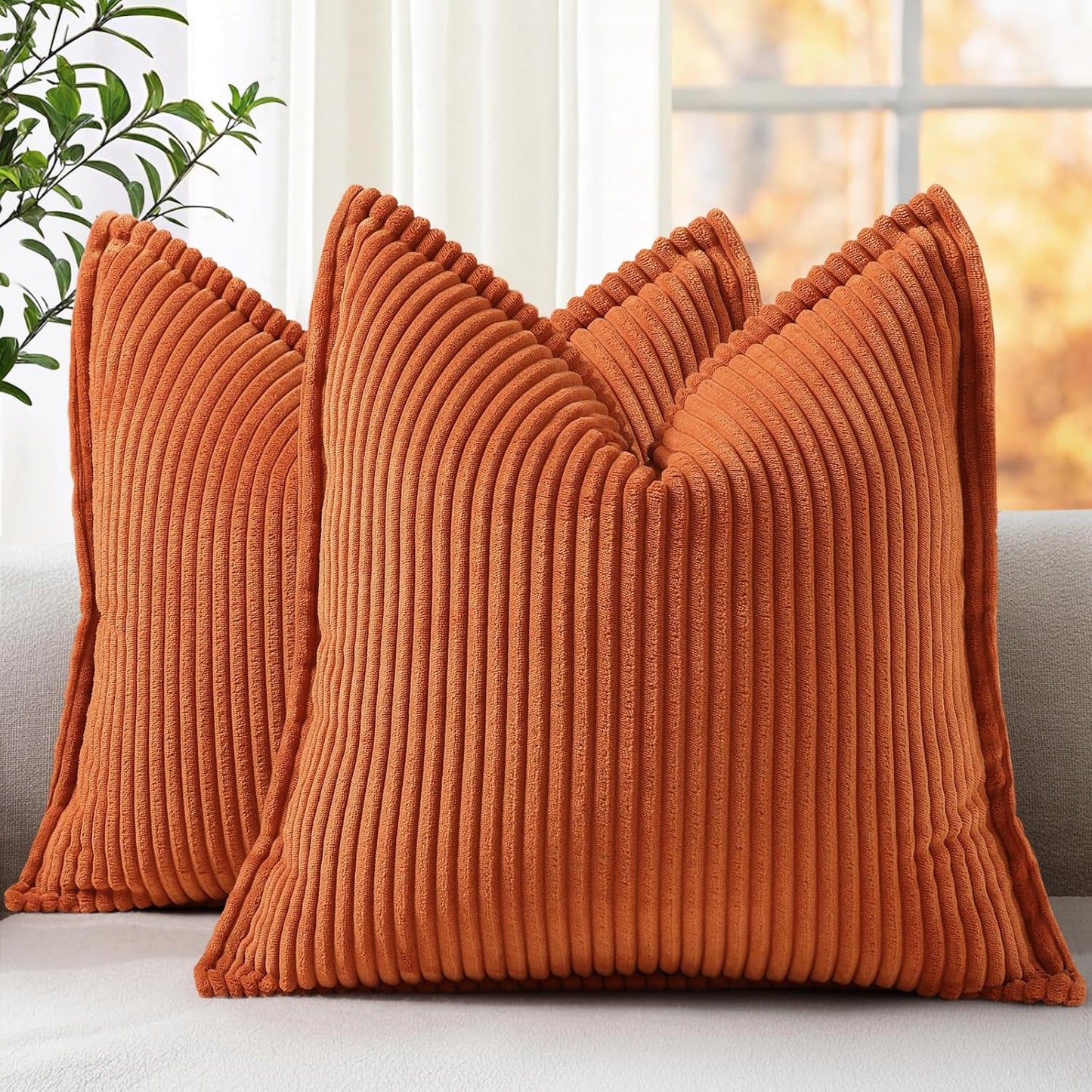 decorUhome Fall Corduroy Rust Throw Pillow Covers 16x16 Set of 2 Decorative Soft Boho Farmhouse Euro Couch Pillow Covers for Living Room Bed Sofa Broadside Striped Pillow Cases