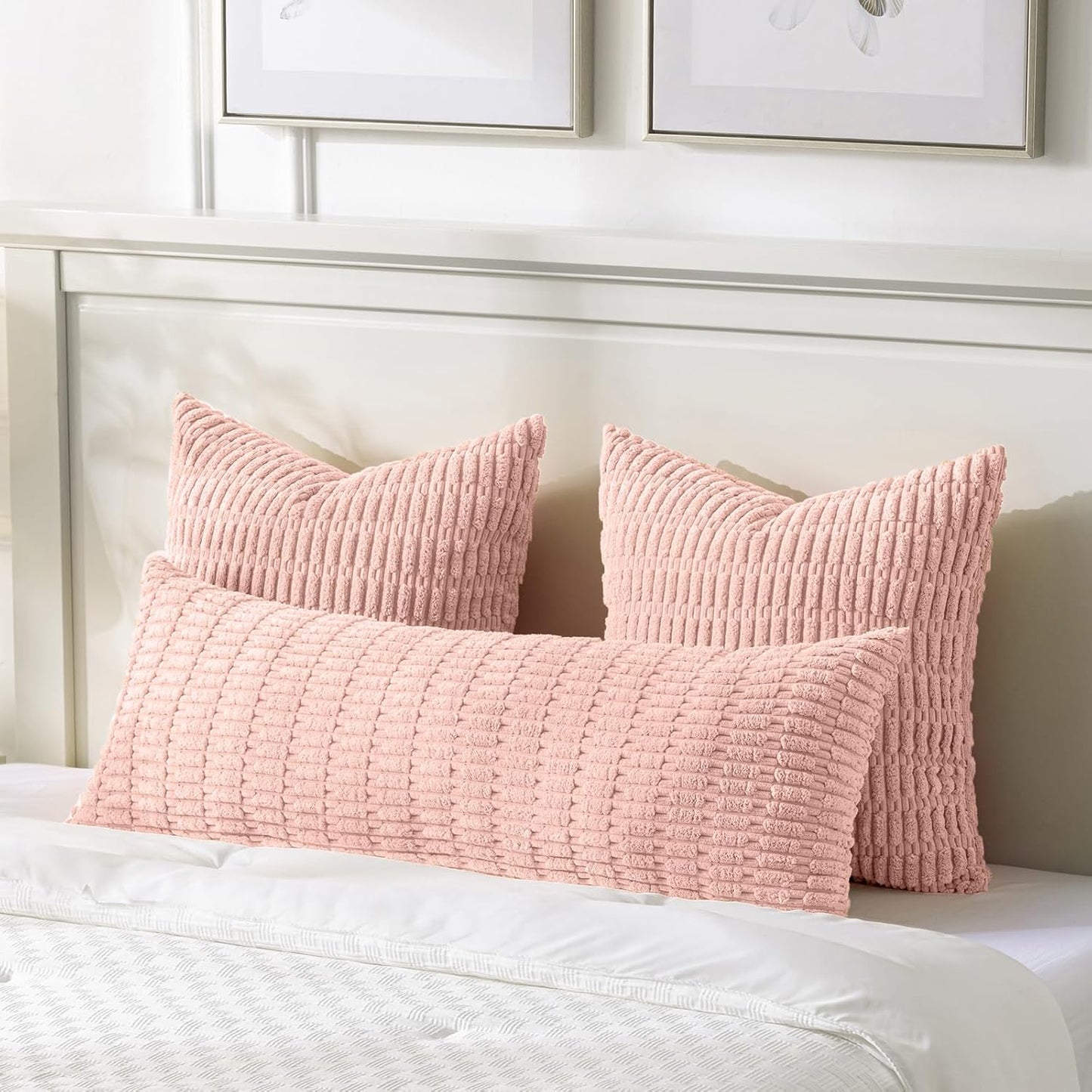 Fancy Homi Blush Pink Long Body Lumbar Lumbar Decorative Throw Pillow Covers 14x36 Inch for Bed Couch Bedroom Bench, Soft Corduroy Rectangle Solid Pillow Case, Rustic Farmhouse Boho Room Decor