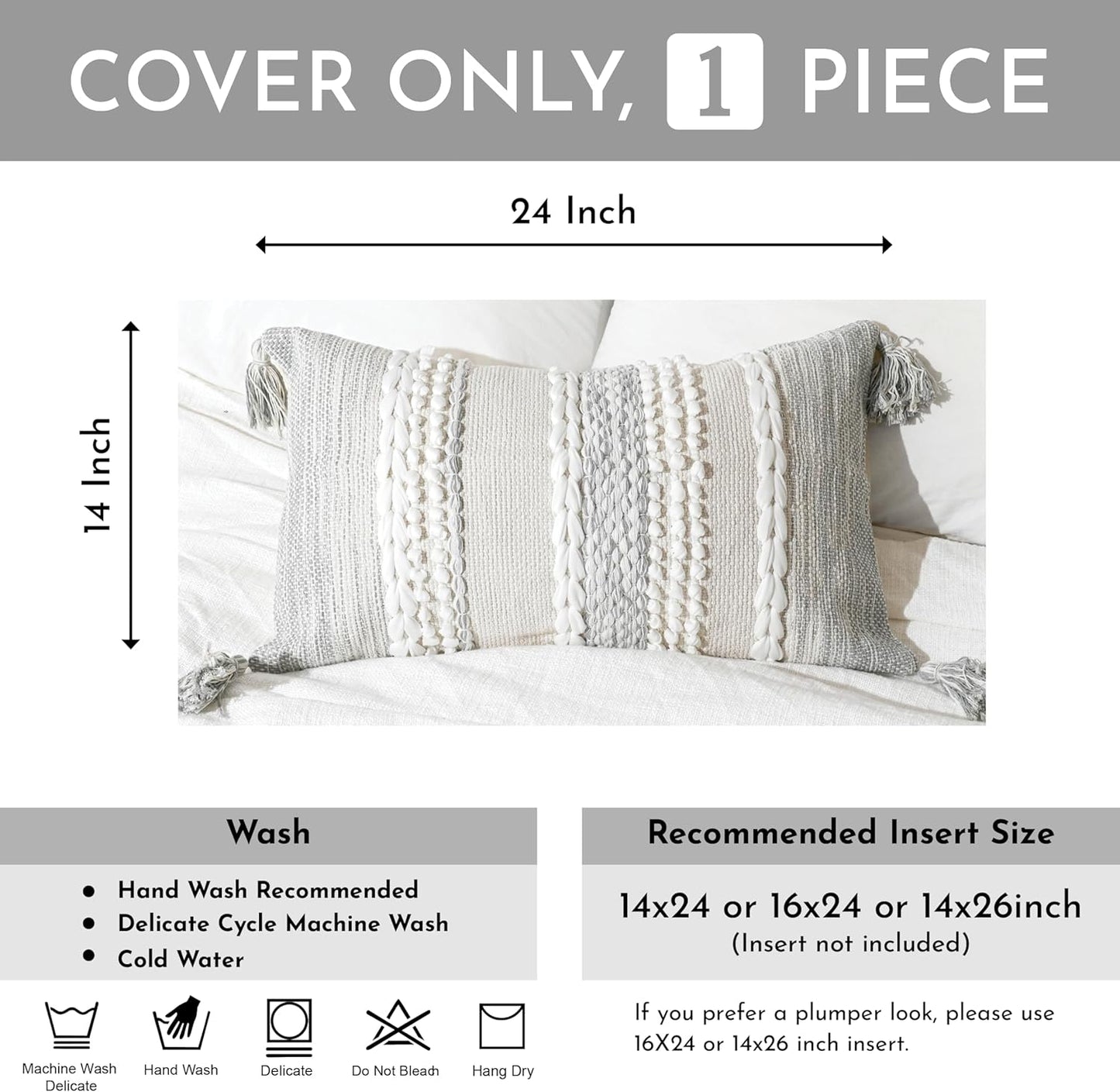 BlissBlush Gray Decorative Lumbar Pillow Cover 14x24, Boho Accent Throw Pillow Case for Couch Sofa Bed, Modern Farmhouse Textured Lumbar Cushion Bedroom Living Room, Cover ONLY