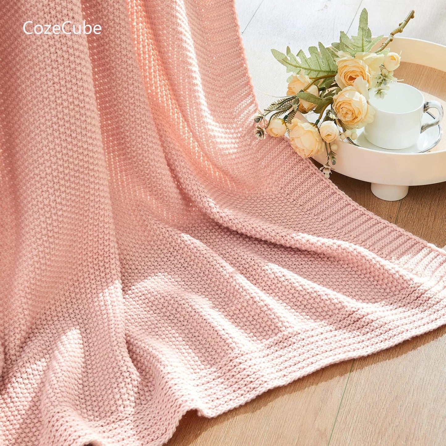 CozeCube Pink Throw Blanket for Couch, Soft Cozy Cable Knit Throw for Bed Sofa Living Room, Lightweight Warm Decorative Farmhouse Christmas Blanket, 50"x60", Pink