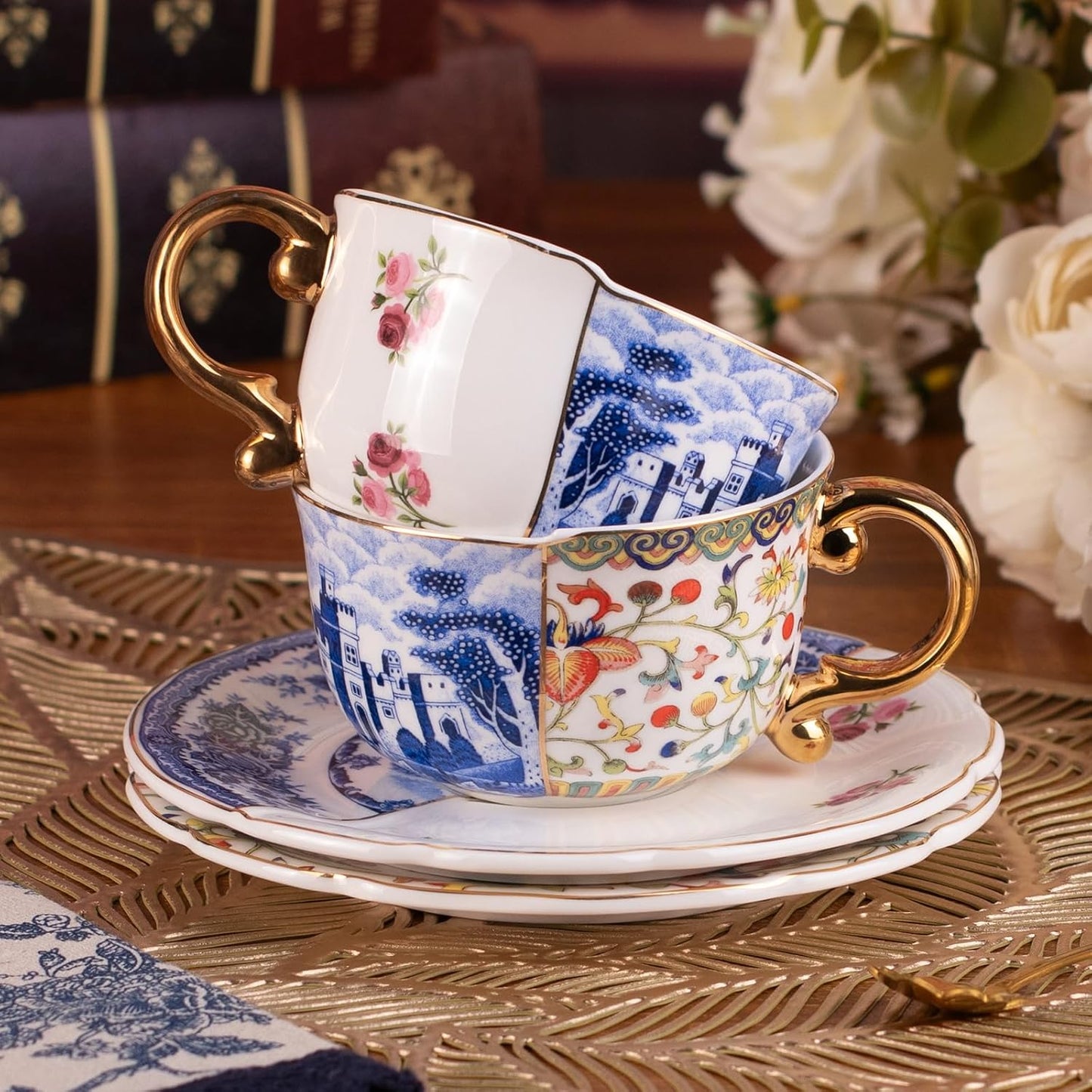 KAMMAK Tea Cups and Saucers Set of 2, Fine Bone China Coffee Cups, 8.5-Ounce Stackable Espresso Mugs, Ceramic Demitasse for Coffee, Cappuccino, Latte, Americano, Tea, Doozy + Rose